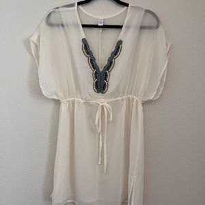 Women’s Cream Peasant Top Embellished Swimsuit Coverup Opaque size Small